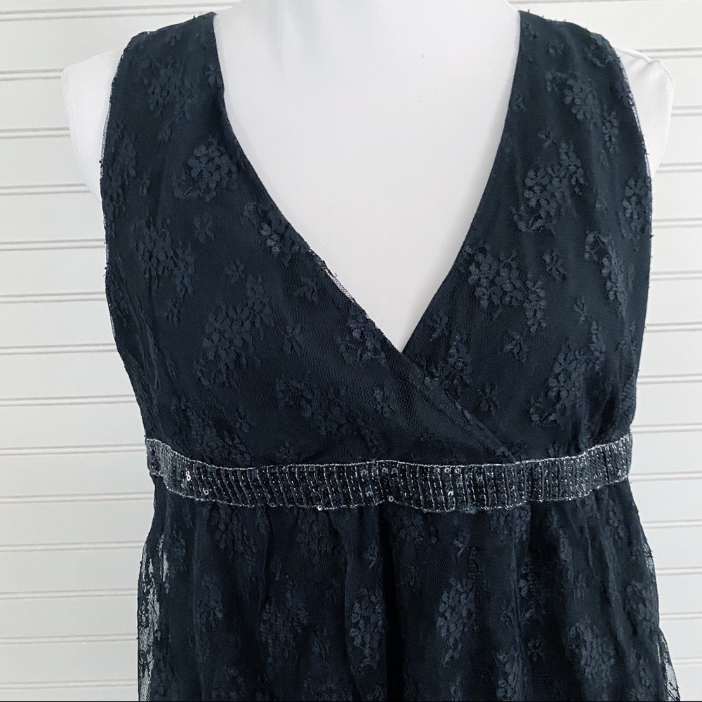 New York & Company Lace Sequin Empire Waist Top Size L Black Surplice V-Neck - Picture 5 of 9